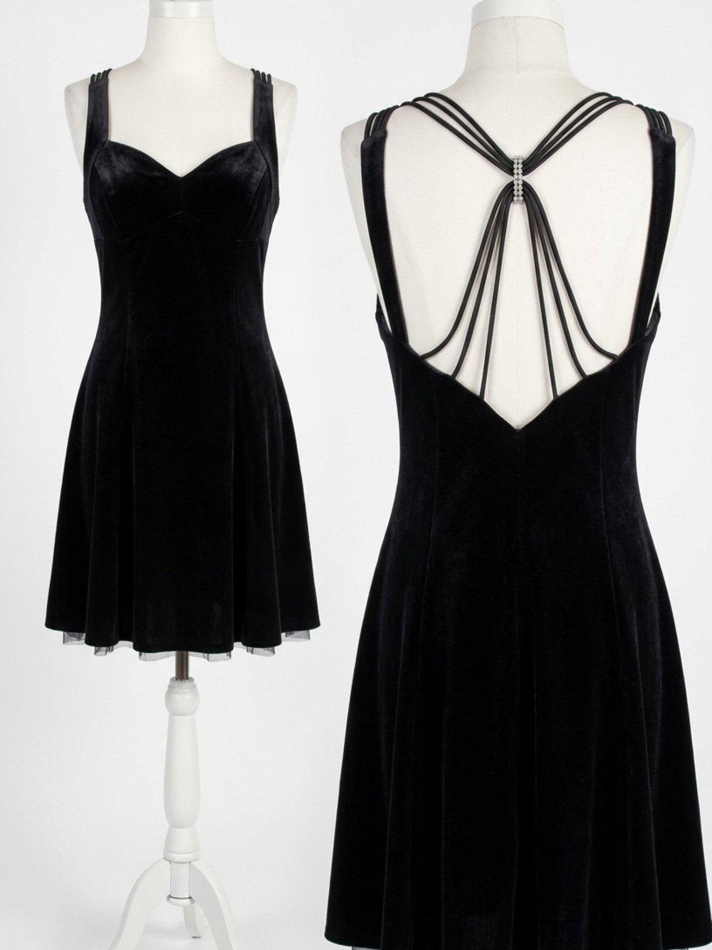 Betsy & Adam Black Velvet Strappy Back Rhinestone Skater Mini Dress